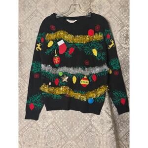 Ugly Christmas Sweater Tinsel Ornaments Women's L 11/13 Xmas Holiday Festive EUC